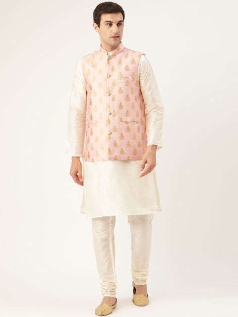 Men Off-White & Pink Solid Kurta & Churidar with Woven Design Nehru Jacket