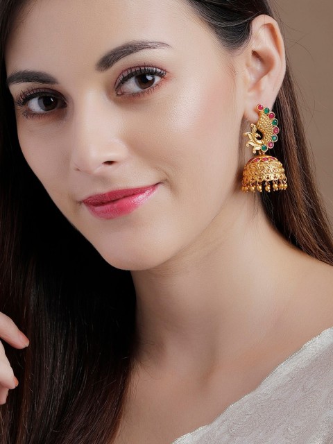 

Rubans Red & Green 22K Gold-Plated Handcrafted Peacock Shaped Jhumkas