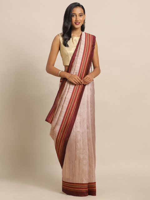 

Satrani Beige & Maroon Silk Blend Solid Saree