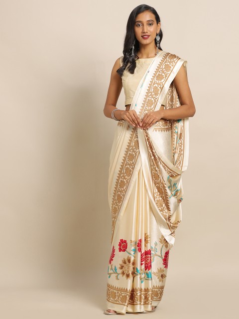 

Satrani Cream-Coloured & Beige Pure Crepe Floral Printed Saree