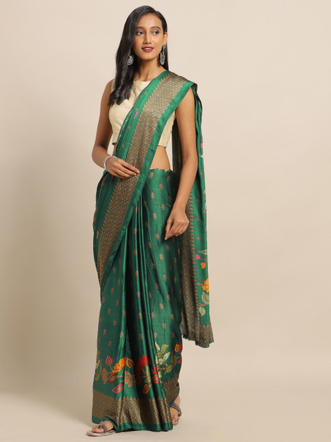 

Satrani Green & Orange Pure Crepe Printed Saree