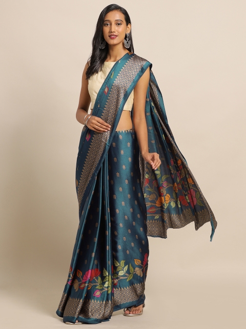 

Satrani Teal & Beige Pure Crepe Printed Saree