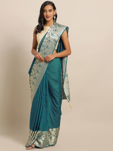 

Satrani Teal Blue & Silver-Toned Silk Blend Solid Saree
