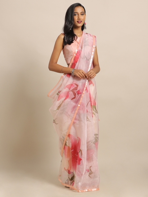 

Satrani Pink & Red Organza Printed Saree