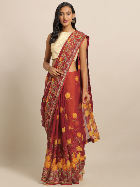 

Satrani Maroon & Yellow Poly Chiffon Floral Printed Saree