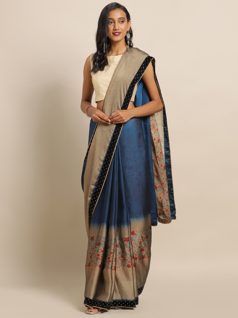 

Satrani Navy Blue Printed Pure Chiffon Saree