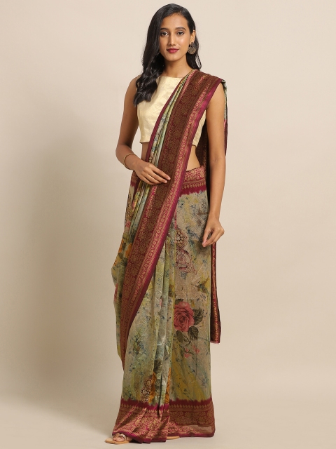 

Satrani Olive Green & Magenta Pink Pure Chiffon Floral Printed Saree