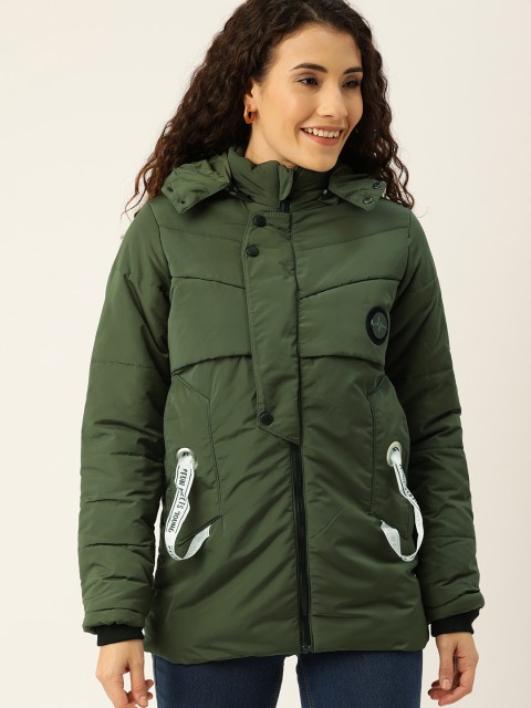 

Campus Sutra Women Olive Green Solid Puffer Jacket with Taping Detail