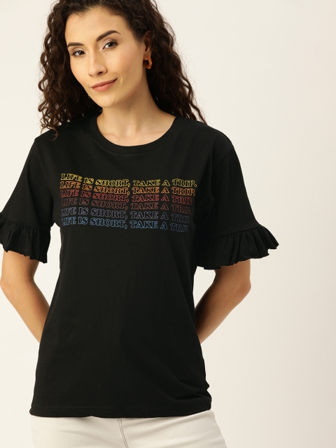 

Campus Sutra Women Black Printed Top with Bell Sleeves