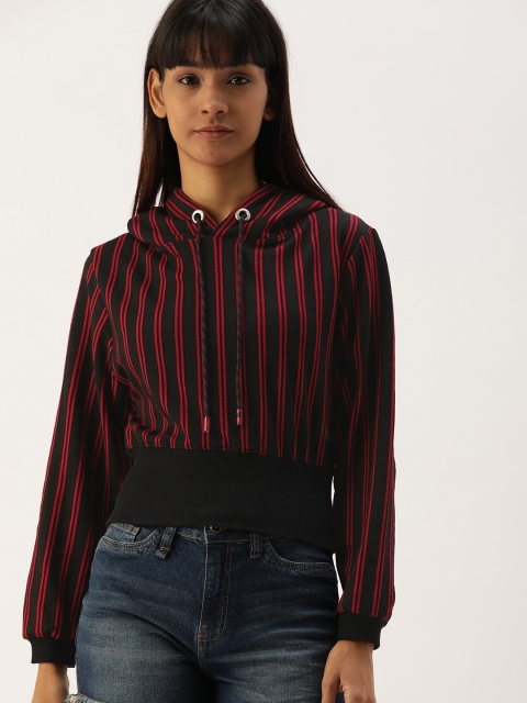 

Campus Sutra Women Black & Red Striped Hooded Sweatshirt