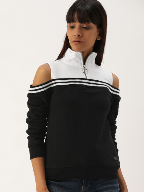 

Campus Sutra Women Black & White Colourblocked Cold-Shoulder Sleeved Sweatshirt