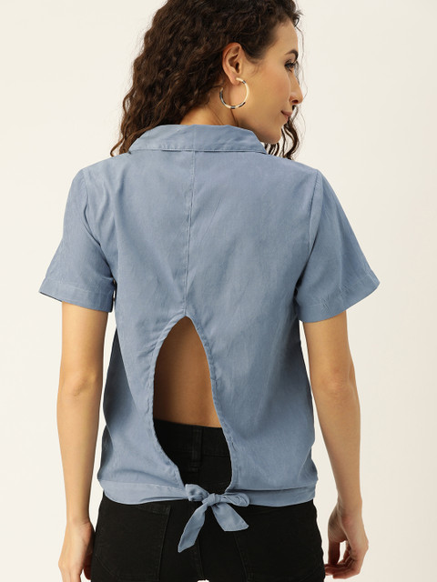 

Campus Sutra Women Blue Regular Fit Solid Casual Shirt with Styled Back Detail