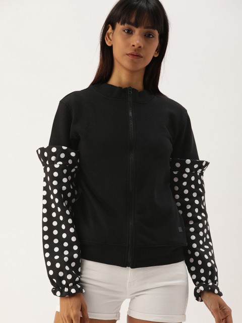 

Campus Sutra Women Black Solid Polka Dot Puff Sleeved Sweatshirt