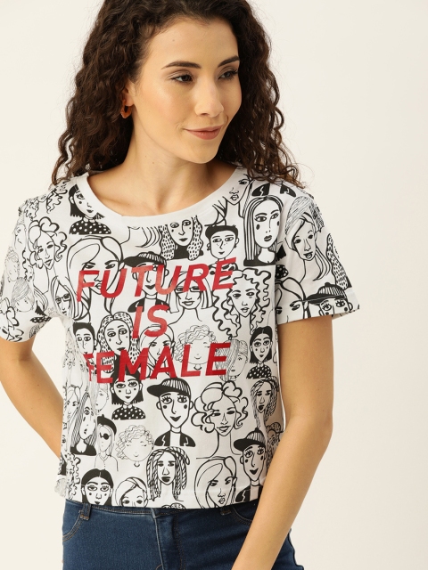 

Campus Sutra Women White & Black Printed Round Neck T-shirt with Tie-Up Detailing