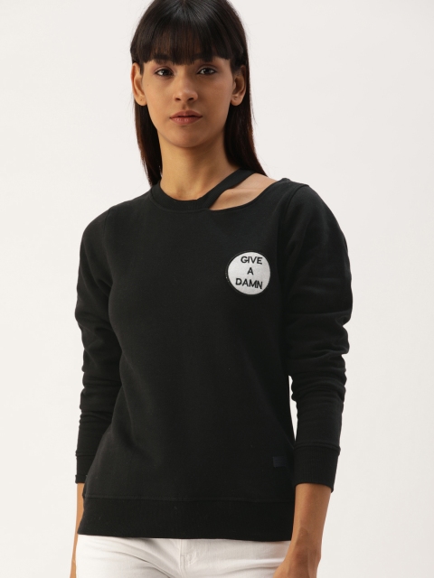 

Campus Sutra Women Black Solid Sweatshirt with Applique