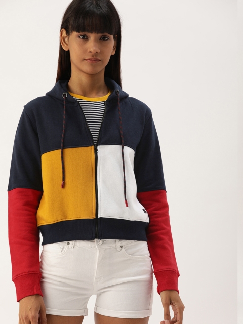 

Campus Sutra Women Blue & Yellow Colourblocked Hooded Sweatshirt