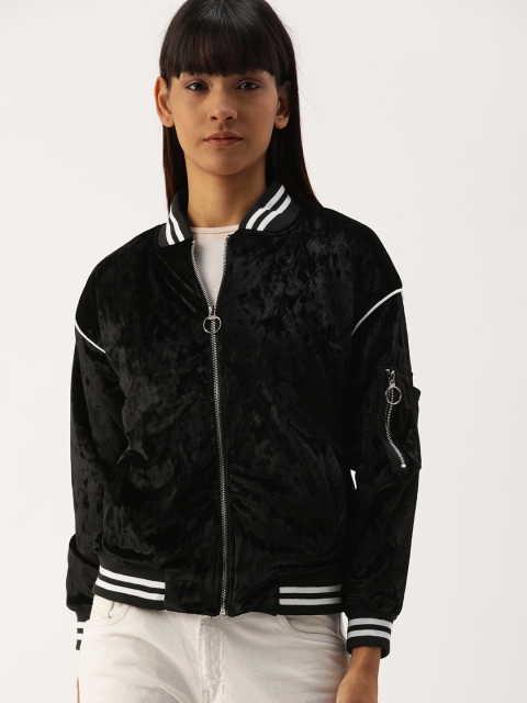 

Campus Sutra Women Black Solid Velvet Bomber Jacket