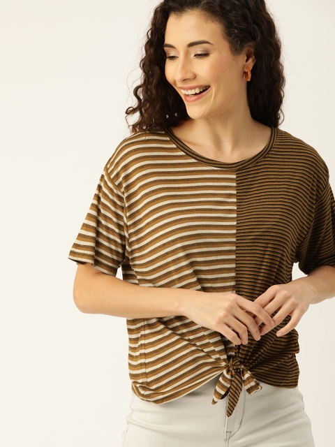 

Campus Sutra Women Brown & Black Striped Regular Top with Waist Tie-Up Detail