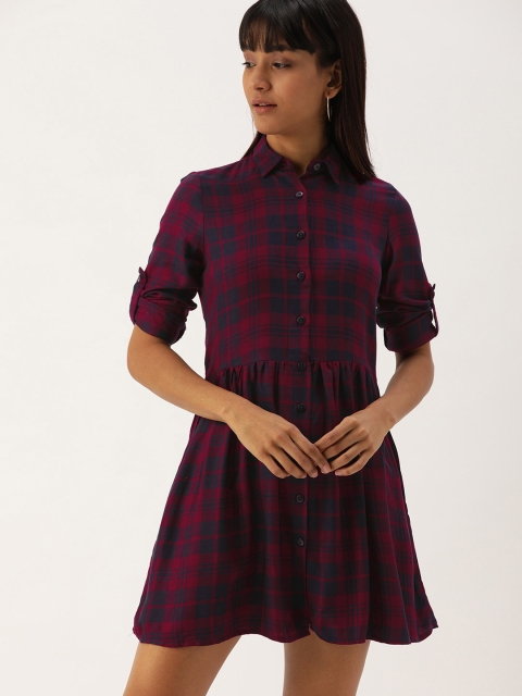 

Campus Sutra Women Maroon Checked Shirt Dress