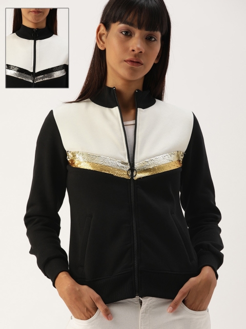 

Campus Sutra Women Black & White Colourblocked Flip Sequinned Bomber Jacket