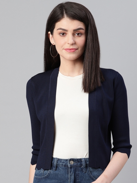 

Marks & Spencer Women Navy Blue Solid Scalloped Hem Front-Open Sweater