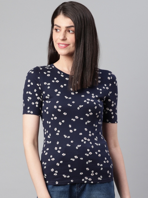 

Marks & Spencer Women Navy Blue & White Floral Printed Round Neck T-shirt