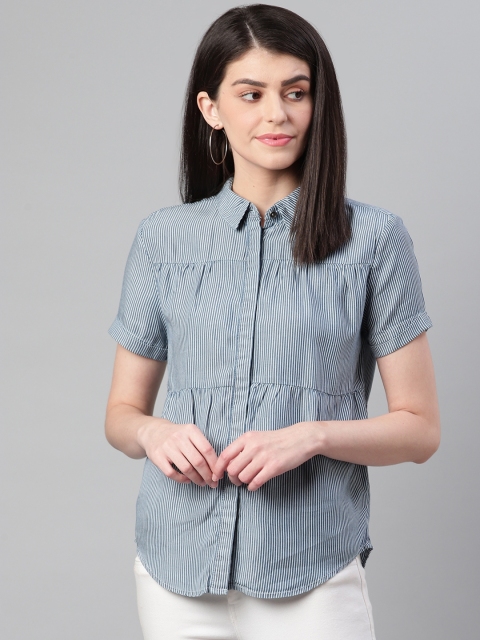 

Marks & Spencer Women Navy Blue & White Regular Fit Striped Casual Shirt
