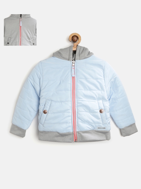 

Cherry Crumble Kids Blue & Grey Solid Reversible Hooded Bomber Jacket