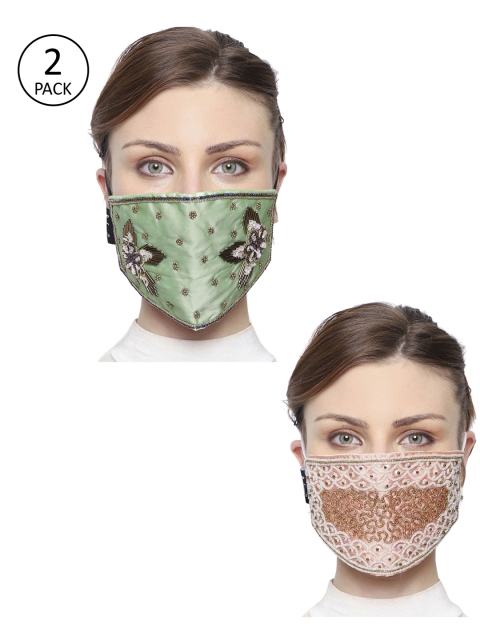 

Anekaant Women Pack of 2 Embellished 3-Ply Art Silk Reusable Cloth Masks, Green
