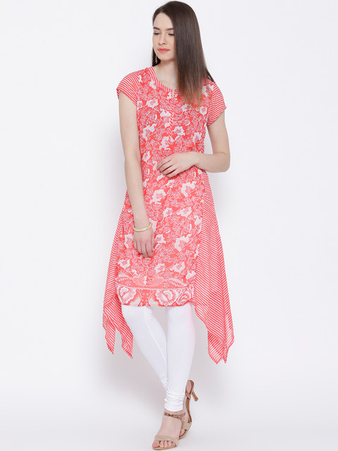 

BIBA Red & Off-White Floral Print A-Line Kurta