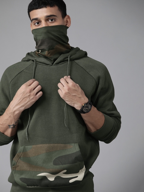 

Roadster Men Olive Green Printed Hooded Sweatshirt