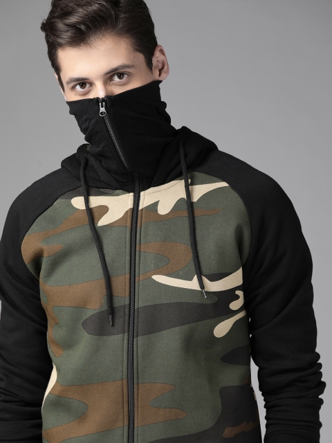 

Roadster Men Olive Green & Black Printed Hooded Sweatshirt