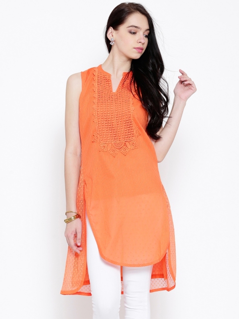 

BIBA Orange Self-Striped Crochet Kurta