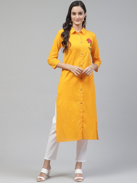 

Fabriko Women Mustard Yellow & White Floral Embroidered Detail Solid Kurta with Trousers