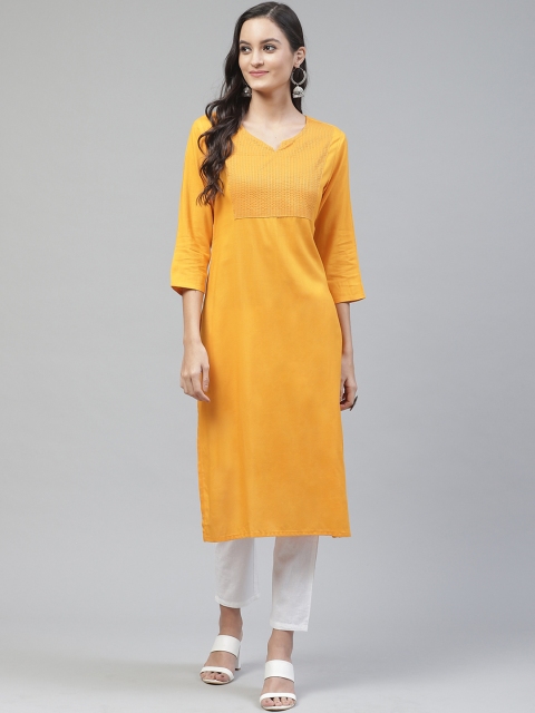 

Fabriko Women Mustard Yellow & White Yoke Design Kurta with Trousers