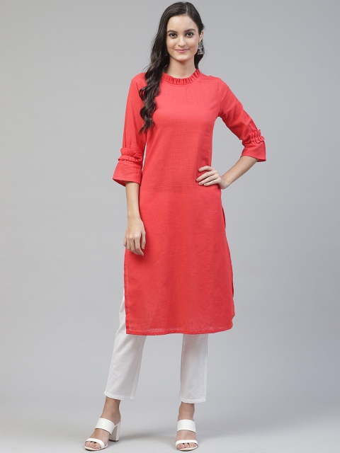 

Fabriko Women Coral Red & White Solid Slub Effect Kurta with Trousers