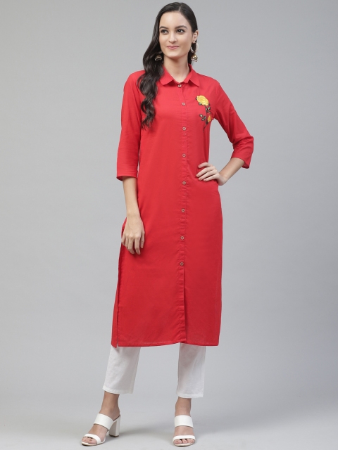 

Fabriko Women Red & White Embroidered Detail Kurta with Trousers