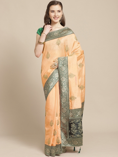 

Nanda Silk Mills Peach-Coloured & Green Embroidered Mysore Silk Saree