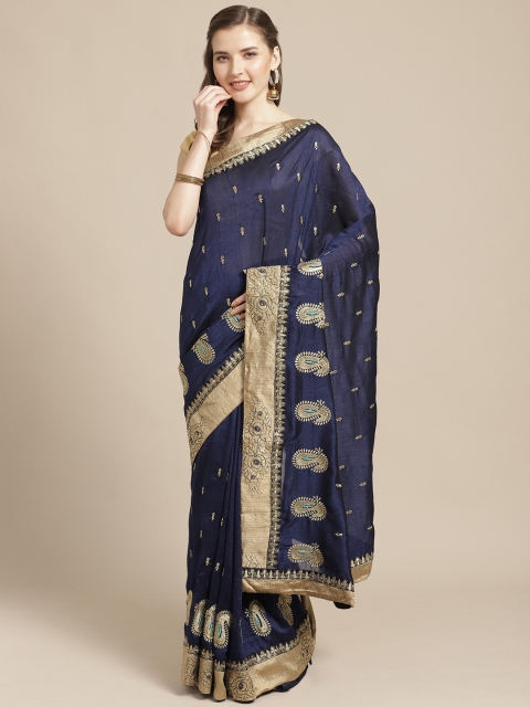 

Nanda Silk Mills Navy Blue & Golden Embroidered Saree