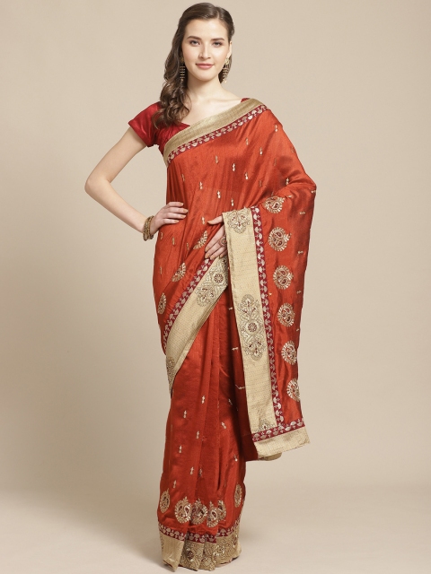 

Nanda Silk Mills Rust Orange & Golden Embroidered Saree