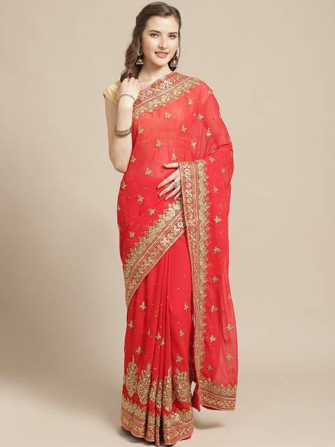 

Nanda Silk Mills Red & Golden Pure Georgette Embroidered Saree