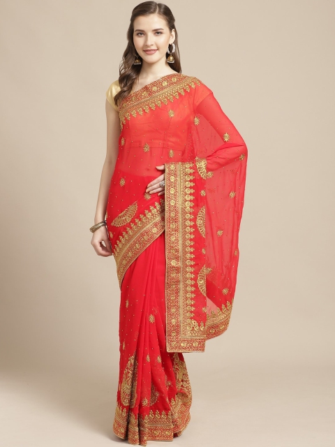 

Nanda Silk Mills Red & Golden Pure Georgette Embroidered Saree