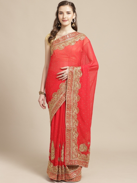 

Nanda Silk Mills Red & Golden Pure Georgette Embroidered Saree