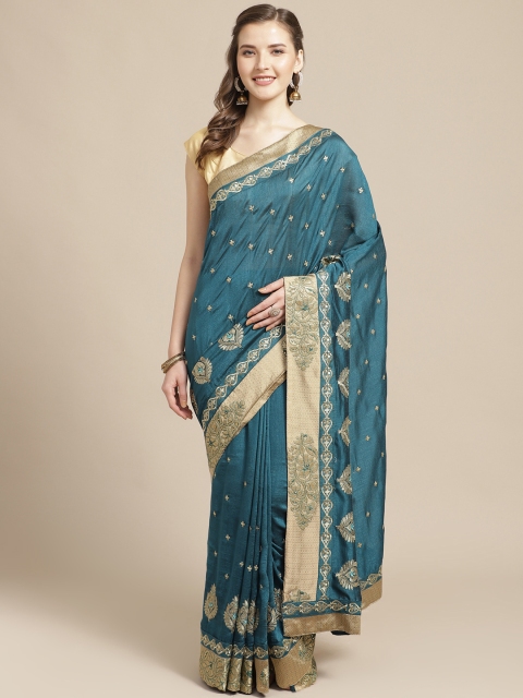 

Nanda Silk Mills Teal Blue & Golden Embroidered Saree