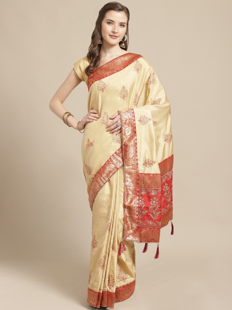 

Nanda Silk Mills Cream-Coloured & Red Embroidered Mysore Silk Saree