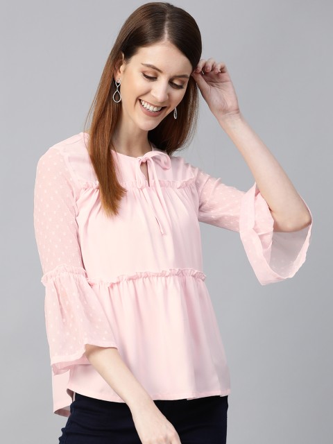 

HERE&NOW Women Pink Solid Frilled A-Line Top