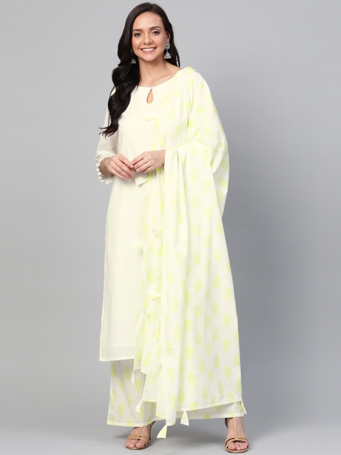 

HERE&NOW Women White & Green Solid Kurta with Palazzos & Dupatta