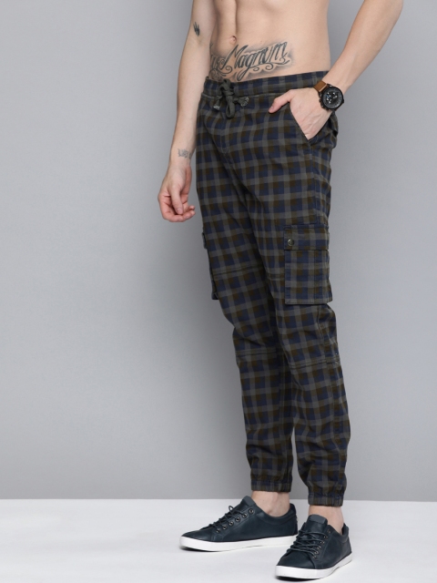 

HERE&NOW Men Navy Blue & Brown Regular Fit Checked Joggers