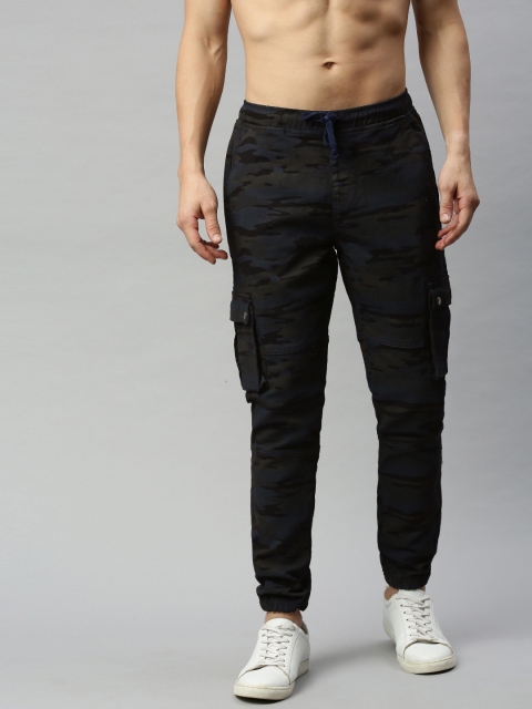 

HERE&NOW Men Navy Blue & Brown Regular Fit Camouflage Printed Jogger Cargos