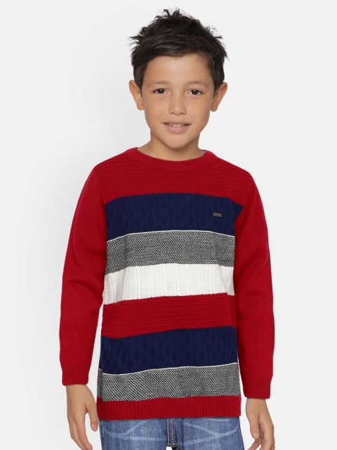 

Allen Solly Junior Boys Red & Navy Blue Colourblocked Pullover Sweater